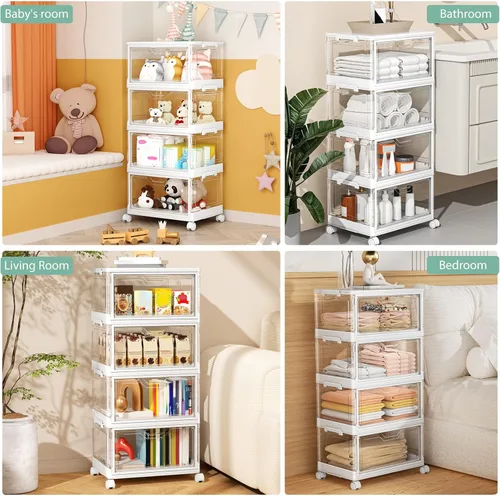 Vista 5 de Kmiectse Contenedores de almacenamiento transparentes con tapas, Cajas de plástico de 4 niveles con ruedas, Contenedor de almacenamiento apilable