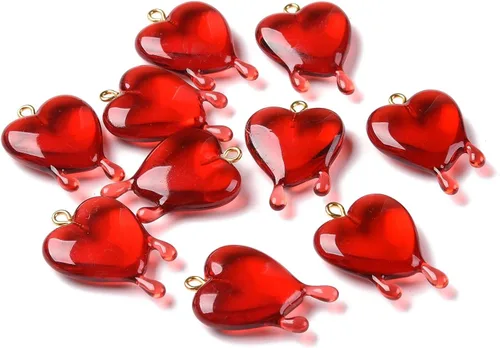 Vista 9 de Ipotkitt 10 dijes de corazón fundido transparente rojo con parte trasera plana, dijes de corazón de San Valentín en forma de corazón para el día