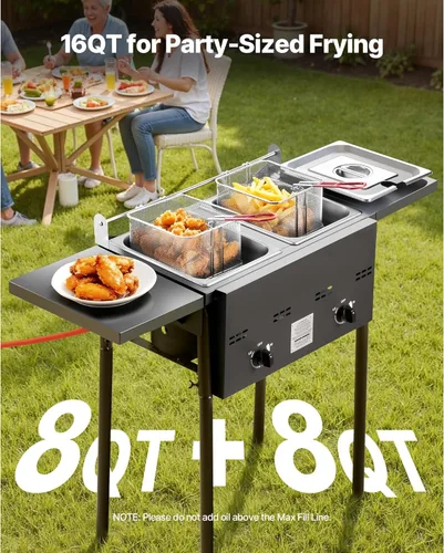 Vista 2 de VEVOR Freidora de propano para exteriores, freidora comercial de doble quemador, cocina de acero inoxidable de 16 cuartos de galón con cestas