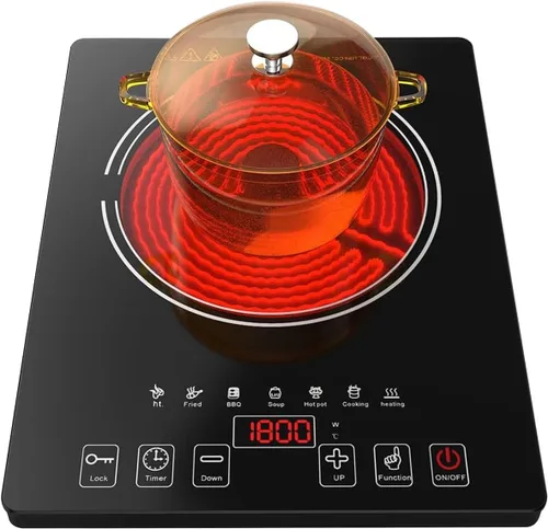 Estufa Eléctrica, Placa de Cocina Eléctrica Portátil de 1800W de Quemador Único con Pantalla Táctil LED, 8 Niveles de Potencia y 8 Niveles de Negro