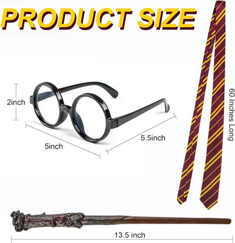 Vista 7 de Juego de accesorios de disfraz de mago de Halloween, gafas de círculo nerd, corbata roja y dorada y varita mágica, accesorios de disfraz para niños