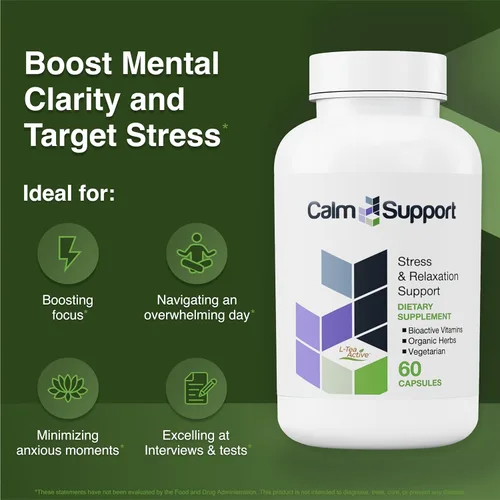 Vista 2 de CalmSupport: Stress & Relaxation Support - Ashwagandha, Passion Flower, Valerian Root, Ginger, GABA, Velvet Bean, Motherwort, Oat Seed, Phyllanthus