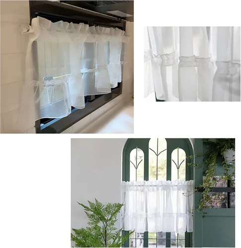 Vista 6 de Cortina de gasa para cocina, cortinas cortas estilo rústico para ventanas pequeñas, cocina, dormitorio, sala de estar, cortinas románticas blancas