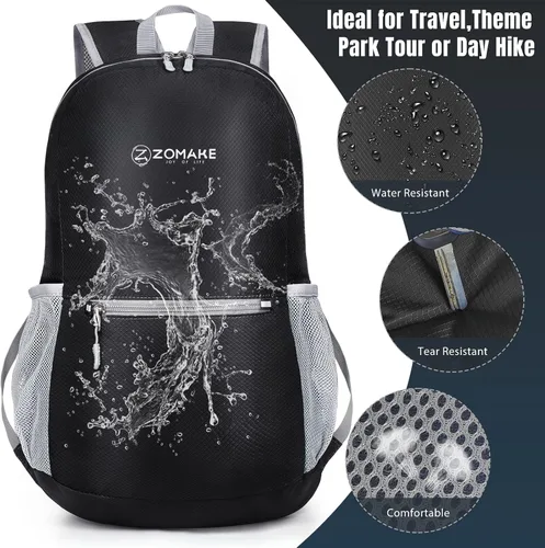 Vista 4 de ZOMAKE Mochila ligera y plegable, pequeña mochila de viaje A-Negro