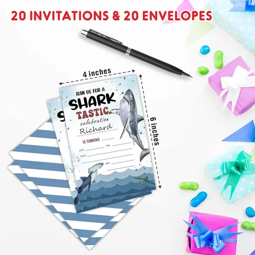 Vista 2 de AWSICE Shark Tastic Invitaciones de cumpleaños, tarjetas de invitación rellenas de doble cara para fiestas de cumpleaños, niños, niñas, niños