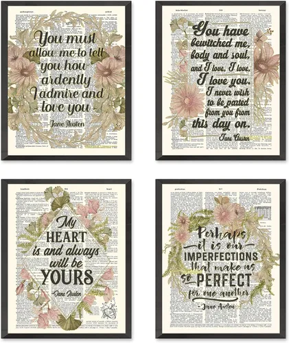 Jane Austen Inspirational Quote Wall Art Prints – Set of 4 Unframed Posters with Vintage Dictionary Page and Floral Design – Elegant Home or Office