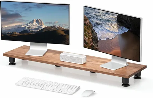 Nordik - Elevador grande de doble monitor para 2 – 42.5 pulgadas de madera dura de acacia hecha a mano – Estante de madera organizador de escritorio