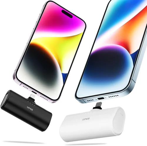 UPEB Cargador portátil pequeño para iPhone de 5000 mAh, paquete de 2 con cable integrado, batería externa compacta con certificación MFi para todos