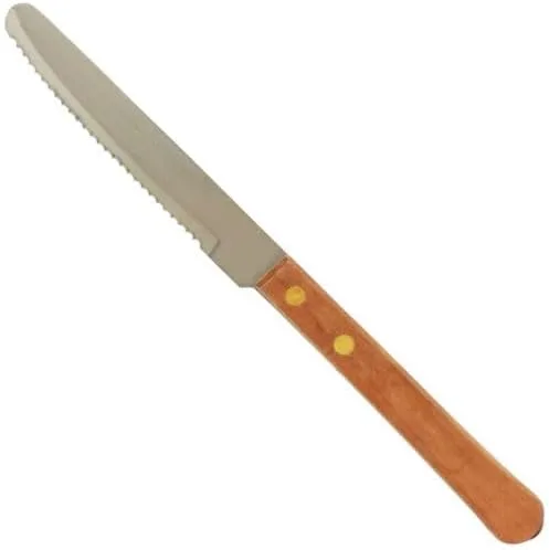 AME D’ESSENCE Set of 12 Stainless Steel Steak Knives - 4 1/2 Inch Serrated Edge, Round Tip, Wooden Handle - Ideal for Kitchen, Butter Cutlery, and