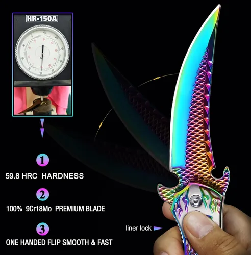 Vista 4 de Cuchillo de bolsillo, 9Cr18Mo BLADE Cuchillo plegable de bolsillo con funda, genial cuchillo EDC de dragón 3D, gran cuchillo de bolsillo de regalo