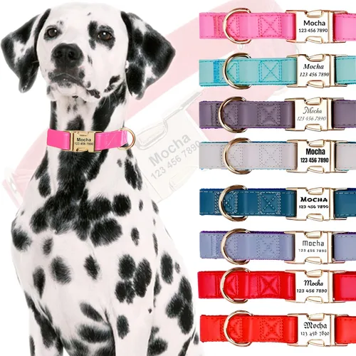 Vista 11 de Custom Large Dog Collar Solid Color Personalized Pet Collar Leather & Nylon Puppy Dogs ID Collars Engraved Name for Small Medium Large Dog