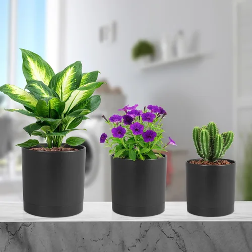 Vista 7 de Meowell Juego de 3 macetas cilíndricas de 15/13/10 cm para plantas pequeñas de interior y exterior, macetas de plástico con agujeros de drenaje