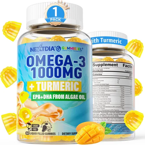 Gomitas veganas Omega-3 de 1000 mg + cúrcuma, alternativa al aceite de pescado Omega 3 para adultos, algas DHA de 600 mg y EPA 300 mg, vitaminas A,