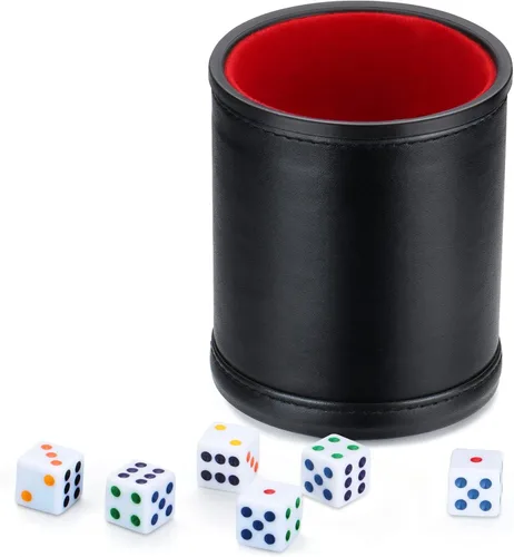 Vista 4 de Taza de dados profesional forrada de fieltro, con 6 dados silenciosos para juego Yahtzee, 1 paquete