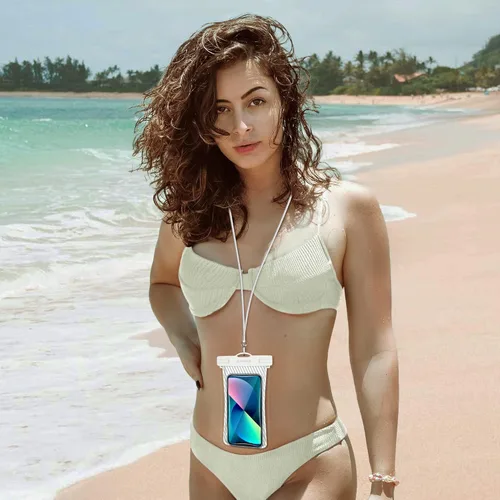 Vista 7 de Funda impermeable para teléfono [diseño de bolsa de aire flotante] Funda universal IPX8 para teléfono celular con cordón para iPhone 16 15 14 13 Pro