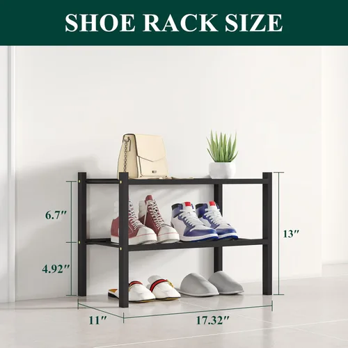 Vista 2 de Smiry Zapatero pequeño de bambú de 2 niveles, apilable, estante de almacenamiento de zapatos de madera para armario, entrada, entrada de puerta Negro