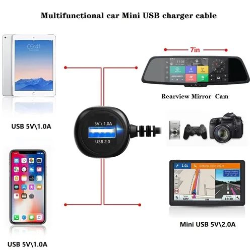 Vista 8 de Cable cargador de cámara para salpicadero, cable de alimentación del navegador GPS para Dash Cam Reproductor de MP3 GPS Navegador de carga