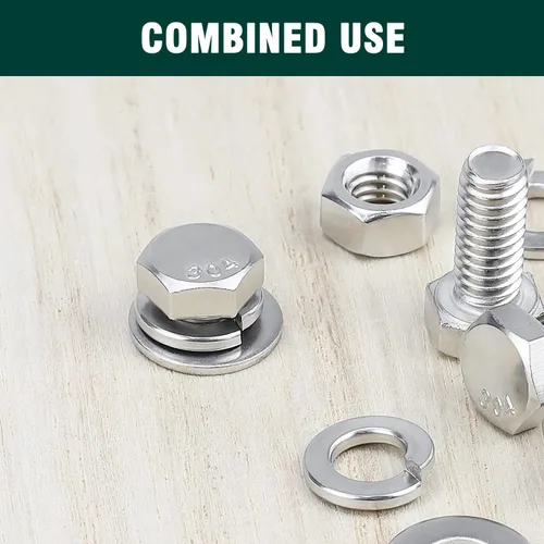 Vista 3 de (5 juegos) Kit de tornillos y tuercas hexagonales de 1/2-13 x 1, acero inoxidable 304 (18-8), totalmente roscado, arandelas planas y de bloqueo