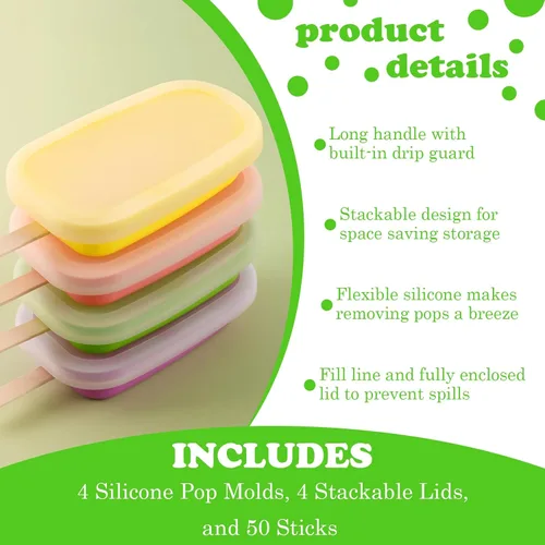 Vista 4 de WMKGG Moldes apilables de silicona para paletas con tapas, 4 moldes de helado con 50 palos de madera para cake pop, Ice Pop, Cakesicle
