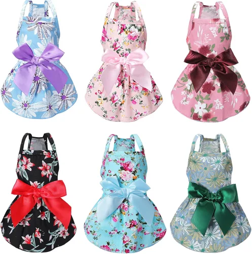 Frienda 6 piezas de vestidos de perro para niñas, ropa floral linda de princesa con lazo, vestidos de cachorro, ropa para mascotas, gatos, faldas,