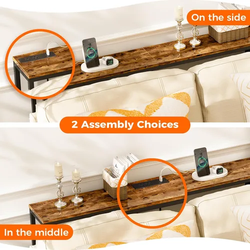 Vista 5 de SUPERJARE Mesa consola con tomacorriente, mesa de sofá de 63 pulgadas con estación de carga, mesa de entrada estrecha, mesa detrás del sofá