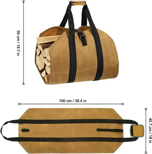 Vista 3 de Bolsa de transporte de troncos de lona, resistente al agua, para estufas de interior, bolsa de transporte de leña con asas para acampar al aire