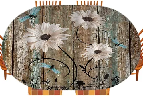 Vista 8 de Mantel ajustable elástico ovalado rústico de granja, flores de girasol en la madera de un granero rural, para decoración de mesa de cocina, comedor