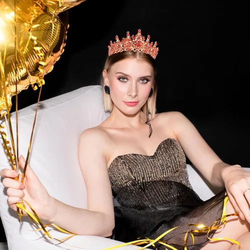 Vista 5 de Velscrun Tiara de cumpleaños de cristal rojo para mujeres y niñas, elegante corona de princesa con peinetas, banda para la cabeza, banda