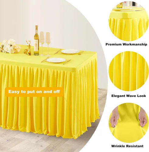 Vista 52 de Manteles de poliéster negro para mesas rectangulares de 4 pies, cubierta de mesa ajustada sin arrugas con falda de mesa plisada con volantes