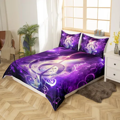 Vista 2 de Erosebridal Juego de ropa de cama de notas musicales, funda de edredón con temática musical, funda de edredón dorada brillante, funda de edredón