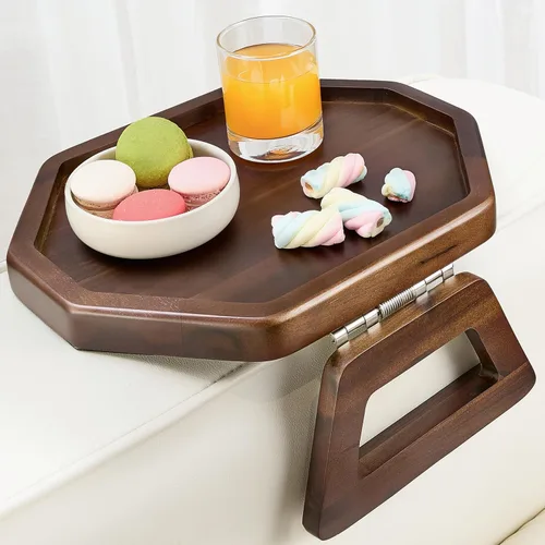 Vista 7 de Tinamo Bandeja para apoyabrazos de sofá octagonal de acacia, mesa de reposabrazos de sofá con brazos plegables - Caddy para sillón, bandeja con clip