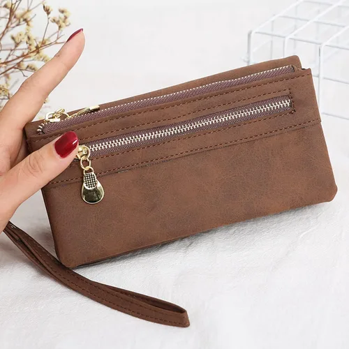 Vista 6 de Cartera de cuero vegano para mujer cartera larga plegable para mujer con bolsillo con cremallera Café
