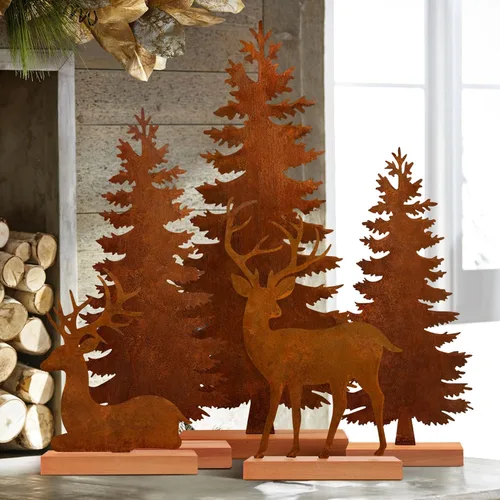KPX Juego de 5 decoraciones de mesa de árbol de Navidad y ciervo de metal, centros de mesa de árbol de pino perenne vintage de acero oxidado