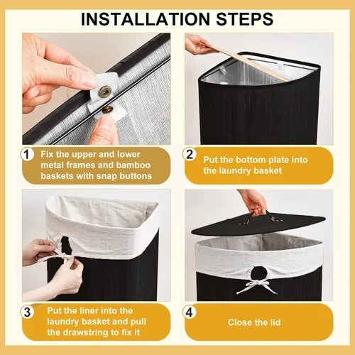 Vista 6 de Gueevin Cesta de bambú de esquina para la ropa sucia con tapa y forro extraíble, cesta de lavandería de bambú con asa, cesta de almacenamiento