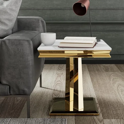 Vista 9 de ACEDÉCOR Mesa de centro dorada, mesa central de lujo para sala de estar con mesa blanca y base en X pulida dorada, mesa de té rectangular para sala