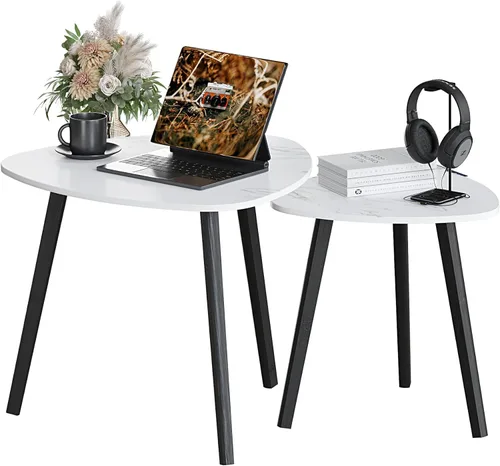 Vista 7 de BAMEOS Juego de 2 mesas auxiliares triangulares de bambú, mesa auxiliar moderna minimalista para sala de estar (blanco mármol)