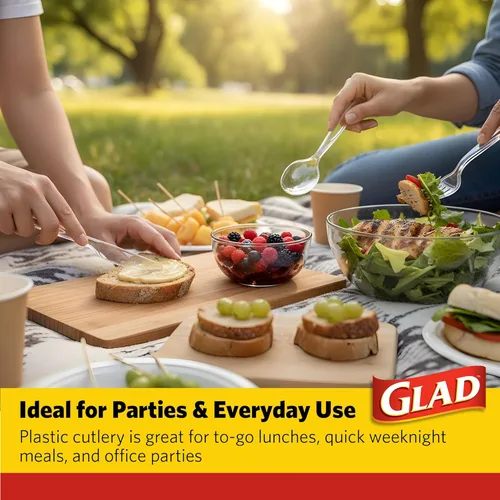 Vista 4 de Glad Juego de cubiertos desechables transparentes con tenedores, cuchillos y cucharas de plástico resistente, utensilios de plástico reutilizables