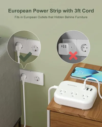 Vista 5 de Adaptador de enchufe de viaje europeo con USB C, adaptador de salida ROOTOMA de EE. UU. a Europa, 3 tomas de corriente, 3 puertos USB, regleta