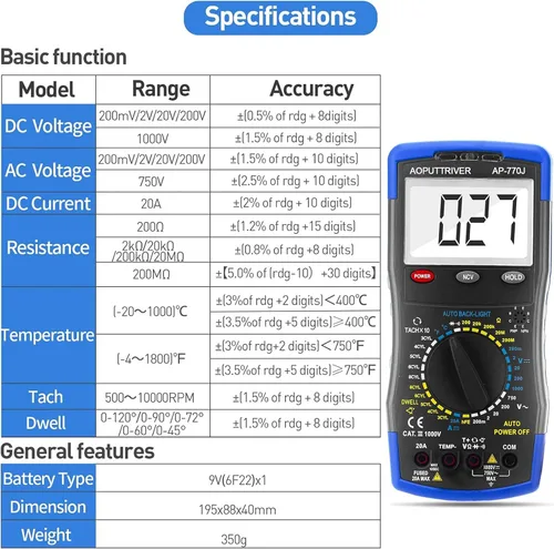 Vista 4 de Multímetro digital AP-770J Multímetro automotriz Analizador de motor Manual de rango NCV Multi Tester Medida