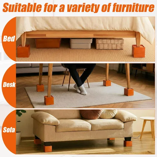 Vista 7 de Juego de 4 elevadores de muebles de madera maciza de 4 pulgadas, elevadores cuadrados de sofá resistentes, bloques de madera marrón para marco
