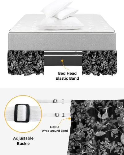 Vista 4 de Falda de cama de flores negras tamaño Queen de 16 pulgadas de caída, ajustable y elástica envolvente, plisada, con volantes de polvo de lujo