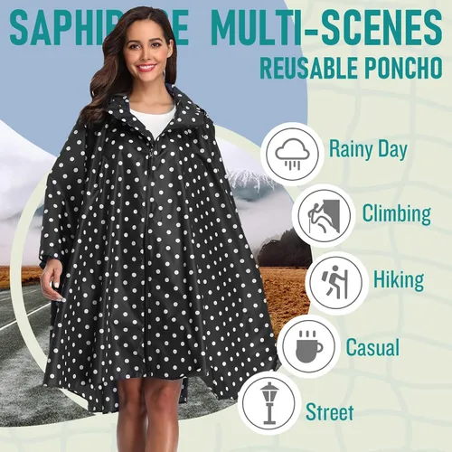 Vista 28 de SaphiRose - Poncho de lluvia unisex impermeable con capucha para mujeres adultas con bolsillos A-caqui-blanco
