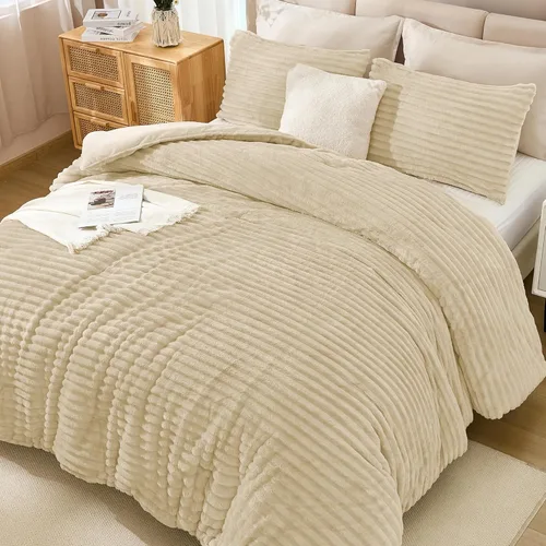 Vista 6 de Juego de edredón de forro polar Andency Queen, juego de 3 piezas de edredón beige para cama tamaño Queen, juego de ropa de cama suave, cálido
