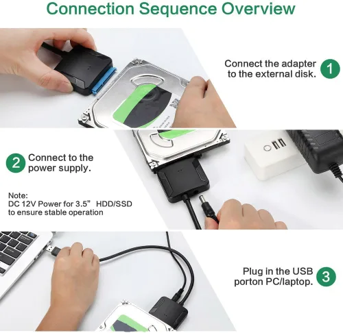 Vista 9 de Adaptador SATA a USB 3.0, cable convertidor de disco duro externo para disco duro de 2.5" 3.5", SSD con fuente de alimentación