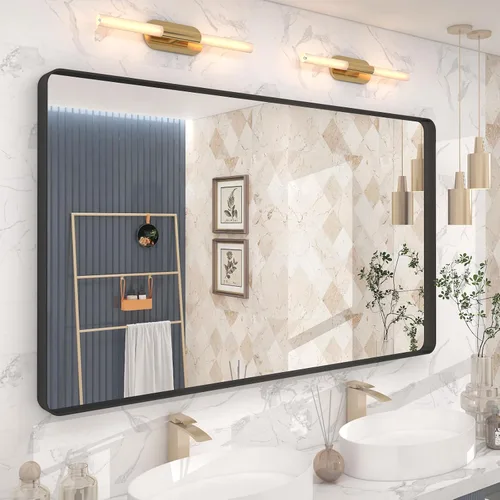 Vista 32 de Espejo rectangular para pared de baño de 20x30 pulgadas con marco negro mate, espejo de tocador con esquinas redondeadas, espejo de baño de metal