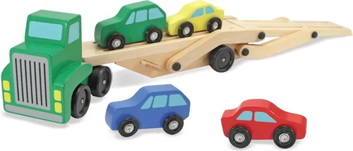 Vista 3 de Melissa & Doug, Camión remolcador de autos y autos de Madera de juguete, Set con 1 Camión y 4 autos, Estándar, Rojo
