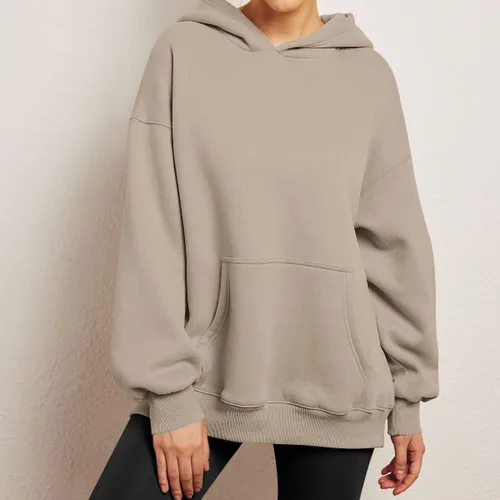 Vista 2 de Sudadera casual con capucha para mujer, de gran tamaño, manga larga, con bolsillos, color liso