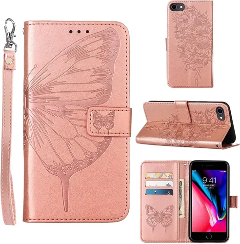 Vista 13 de Funda para iPhone SE 2022/SE 2020, 6/6S/7/8 Mariposa floral en relieve, correa de muñeca, ranuras para tarjetero, funda protectora de cuero