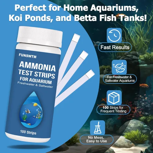 Vista 2 de Tiras de prueba de amoníaco para pecera: 100 tiras de prueba de amoníaco para acuario para acuarios y estanques de agua salada y dulce - Kit