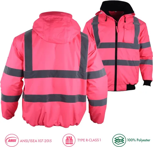 Vista 2 de Chaqueta reflectante de alta visibilidad para mujer, impermeable, seguridad ANSI, abrigo de bombardero de invierno, sudadera con capucha Hi Vis